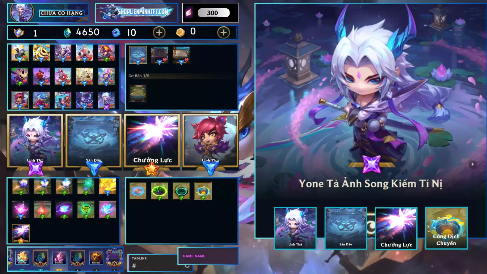 - Yone Tà Ảnh Song Kiếm Tí Nị Kèm Chưởng  - Dư 1 Huy Chương - 1 Vàng - 1 Tím - 0 Sàn Tím  - Dư  4650 Pha Lê - 1 Tí Nị Thường - 3 Sàn Đỏ  - Chưởng Lực Như Ảnh - Rank TFT Unlrank
